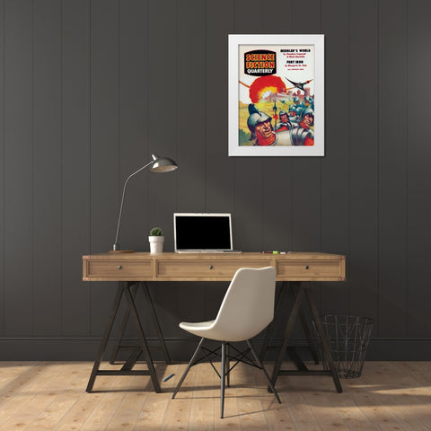 Science Fiction Quarterly: Spaceship Attack on Medieval Fortress White Modern Wood Framed Art Print by Retrosci-fi