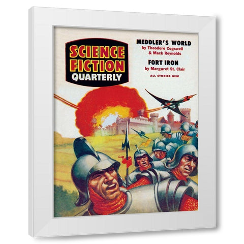 Science Fiction Quarterly: Spaceship Attack on Medieval Fortress White Modern Wood Framed Art Print by Retrosci-fi