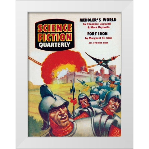 Science Fiction Quarterly: Spaceship Attack on Medieval Fortress White Modern Wood Framed Art Print by Retrosci-fi