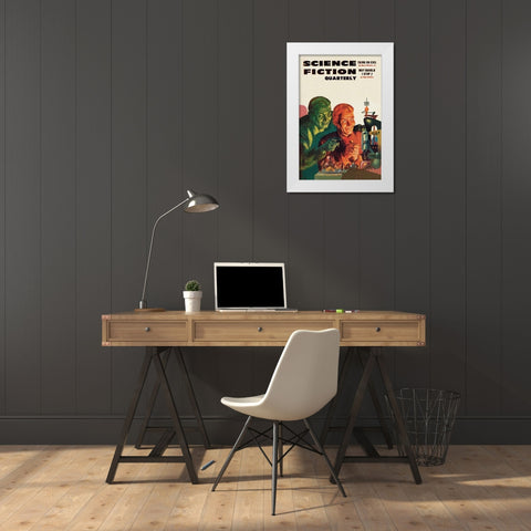 Science Fiction Quarterly: Diabolical Scheming White Modern Wood Framed Art Print by Retrosci-fi