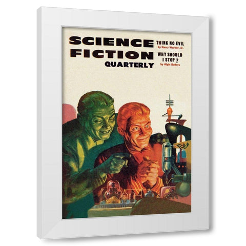 Science Fiction Quarterly: Diabolical Scheming White Modern Wood Framed Art Print by Retrosci-fi
