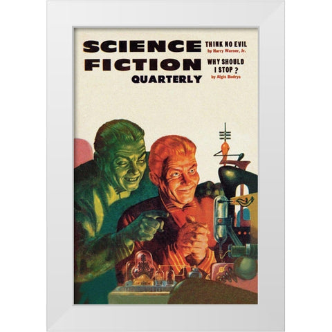 Science Fiction Quarterly: Diabolical Scheming White Modern Wood Framed Art Print by Retrosci-fi