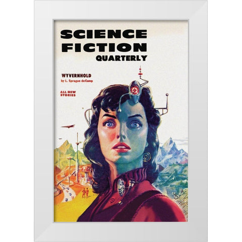 Science Fiction Quarterly: Woman with Forehead Transmitter White Modern Wood Framed Art Print by Retrosci-fi