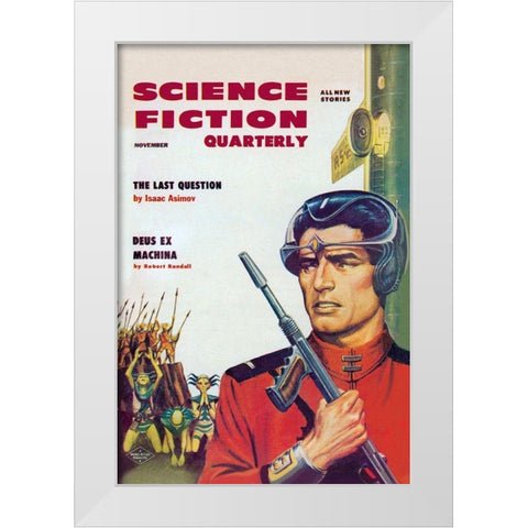 Science Fiction Quarterly: Astronaut Sizes up the Aliens White Modern Wood Framed Art Print by Retrosci-fi