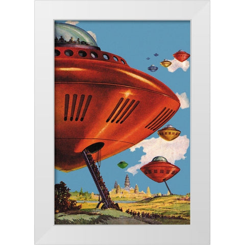 Spaceships at Angkor Wat White Modern Wood Framed Art Print by Retrosci-fi