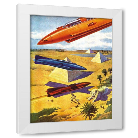 Spaceships in Ancient Egypt White Modern Wood Framed Art Print by Retrosci-fi