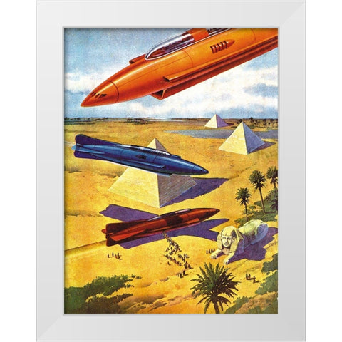 Spaceships in Ancient Egypt White Modern Wood Framed Art Print by Retrosci-fi
