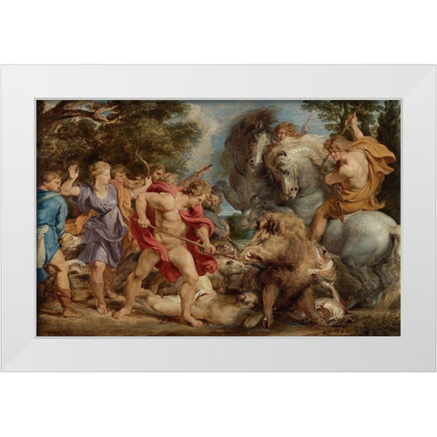 The Calydonian Boar Hunt White Modern Wood Framed Art Print by Rubens, Peter Paul