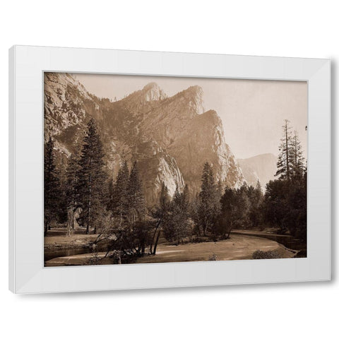 Further Up the Valley, The Three Brothers, the highest, 3,830 ft., Yosemite, California, 1866 White Modern Wood Framed Art Print by Watkins, Carleton