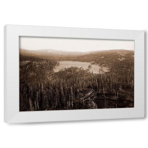 Dams and Lake, Nevada County, California, Distant View, about 1871 White Modern Wood Framed Art Print by Watkins, Carleton