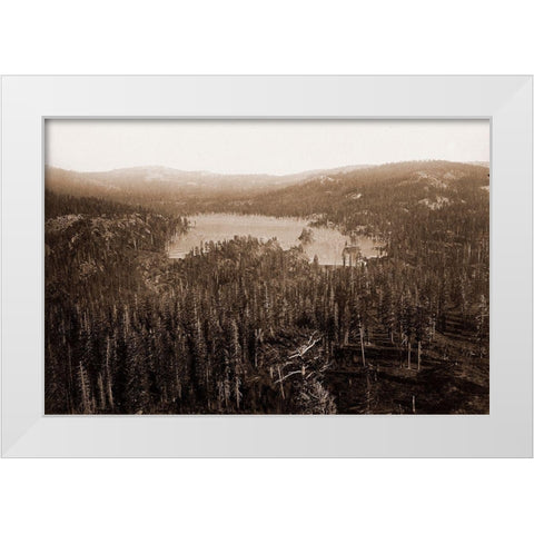 Dams and Lake, Nevada County, California, Distant View, about 1871 White Modern Wood Framed Art Print by Watkins, Carleton
