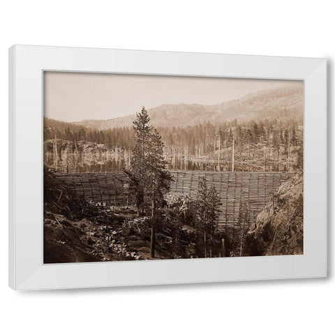 Dam and Lake, Nevada County, California, Near View, about 1871 White Modern Wood Framed Art Print by Watkins, Carleton