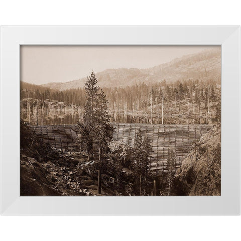 Dam and Lake, Nevada County, California, Near View, about 1871 White Modern Wood Framed Art Print by Watkins, Carleton