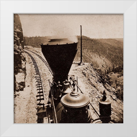 Rounding Cape Horn, California, Road to Iowa Hill from the river, in the distance, 1866-1869 White Modern Wood Framed Art Print by Hart, Alfred A.