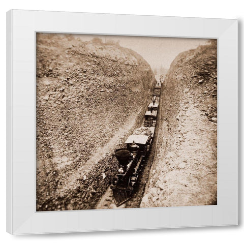 Bloomer Cut near Auburn, California, 800 feet long and 63 feet high, 1866-1869 White Modern Wood Framed Art Print by Hart, Alfred A.