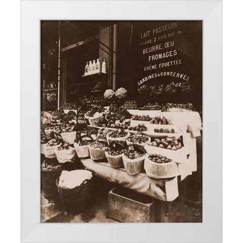 Rue Sainte-Opportune - Produce Display, rue Sainte-Opportune. Sepia White Modern Wood Framed Art Print by Atget, Eugene