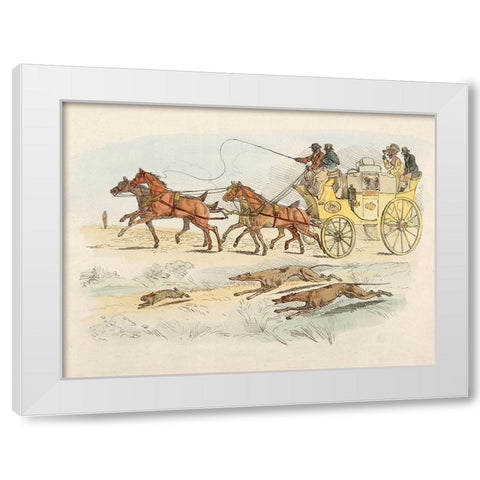People On A Carriage Watching Dogs Chasing A Rabbit, 1817 White Modern Wood Framed Art Print by Alken, Henry Thomas