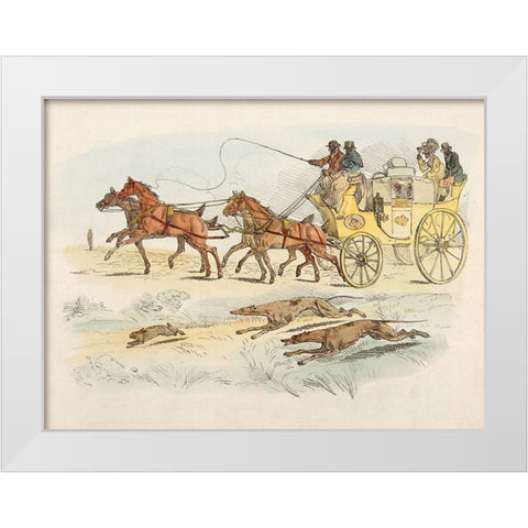People On A Carriage Watching Dogs Chasing A Rabbit, 1817 White Modern Wood Framed Art Print by Alken, Henry Thomas