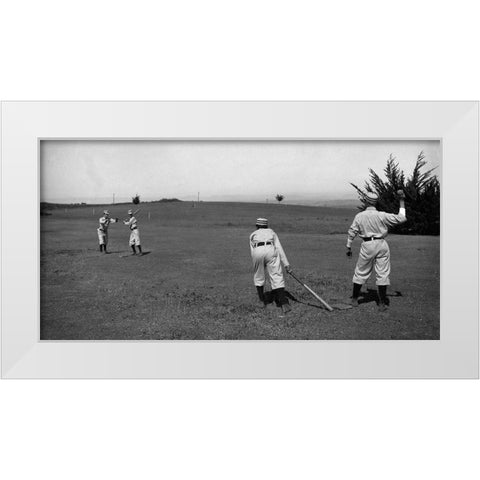 Four Boys With A Ball and Two Bats, Playing Two Old Cat White Modern Wood Framed Art Print by A.G. Spalding Baseball Collection