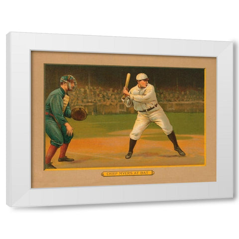Chief Myers at Bat, Baseball Card, 1911 White Modern Wood Framed Art Print by American Tobacco Company