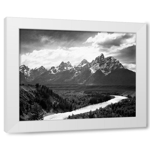 View from river valley towards snow covered mountains, river in foreground, Grand Teton National Par White Modern Wood Framed Art Print by Adams, Ansel