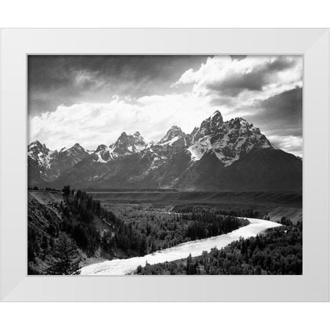 View from river valley towards snow covered mountains, river in foreground, Grand Teton National Par White Modern Wood Framed Art Print by Adams, Ansel