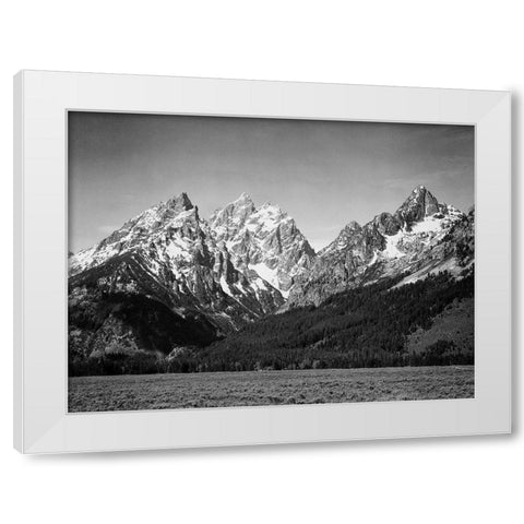 Grassy valley and snow covered peaks, Grand Teton National Park, Wyoming, 1941 White Modern Wood Framed Art Print by Adams, Ansel