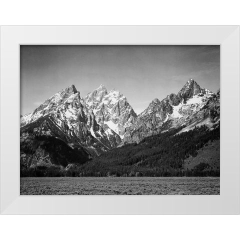 Grassy valley and snow covered peaks, Grand Teton National Park, Wyoming, 1941 White Modern Wood Framed Art Print by Adams, Ansel