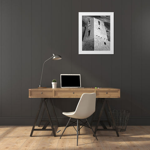 View of tower, taken from above, Cliff Palace, Mesa Verde National Park, Colorado, 1941 White Modern Wood Framed Art Print by Adams, Ansel
