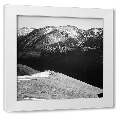 Panorama of barren mountains and shadowed valley, in Rocky Mountain National Park, Colorado, ca. 19 White Modern Wood Framed Art Print by Adams, Ansel