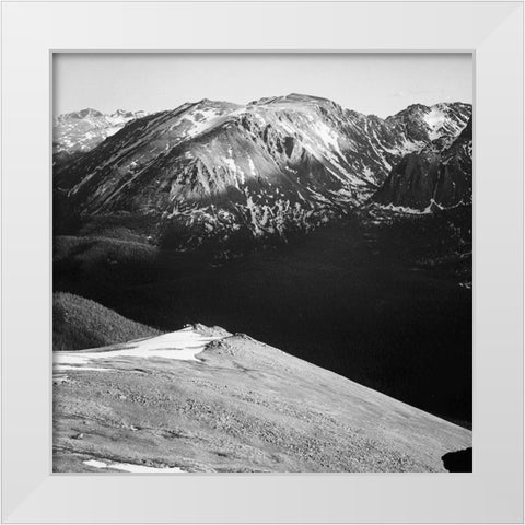 Panorama of barren mountains and shadowed valley, in Rocky Mountain National Park, Colorado, ca. 19 White Modern Wood Framed Art Print by Adams, Ansel