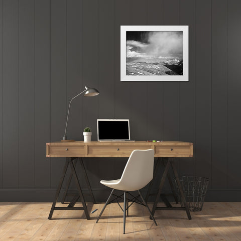 Mountain tops, low horizen, low hanging clouds, in Rocky Mountain National Park, Colorado, ca. 1941 White Modern Wood Framed Art Print by Adams, Ansel