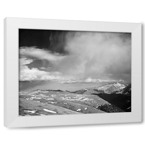 Mountain tops, low horizen, low hanging clouds, in Rocky Mountain National Park, Colorado, ca. 1941 White Modern Wood Framed Art Print by Adams, Ansel