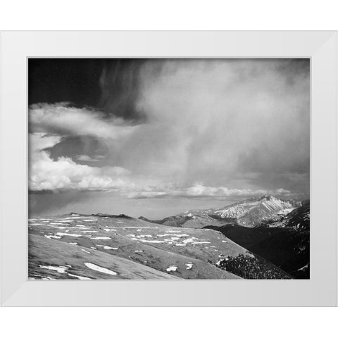 Mountain tops, low horizen, low hanging clouds, in Rocky Mountain National Park, Colorado, ca. 1941 White Modern Wood Framed Art Print by Adams, Ansel