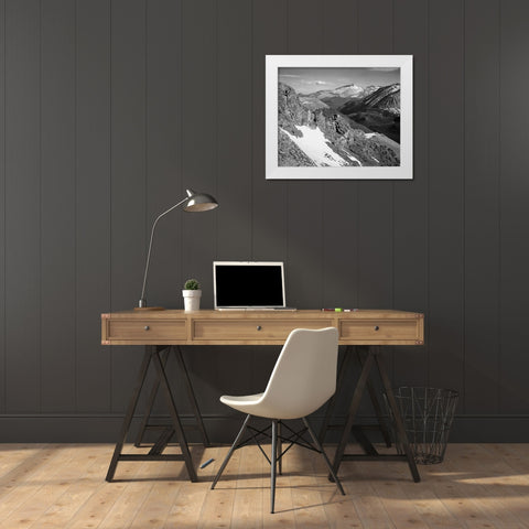 View of barren mountains with snow, in Rocky Mountain National Park, Colorado, ca. 1941-1942 White Modern Wood Framed Art Print by Adams, Ansel