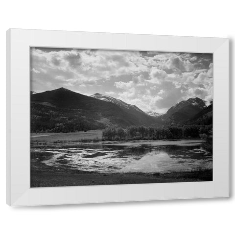 Lake and trees in foreground, mountains and clouds in background, in Rocky Mountain National Park, C White Modern Wood Framed Art Print by Adams, Ansel