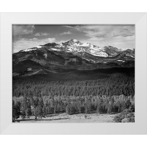 Trees in foreground, snow covered mountain in background, in Rocky Mountain National Park, Colorado, White Modern Wood Framed Art Print by Adams, Ansel