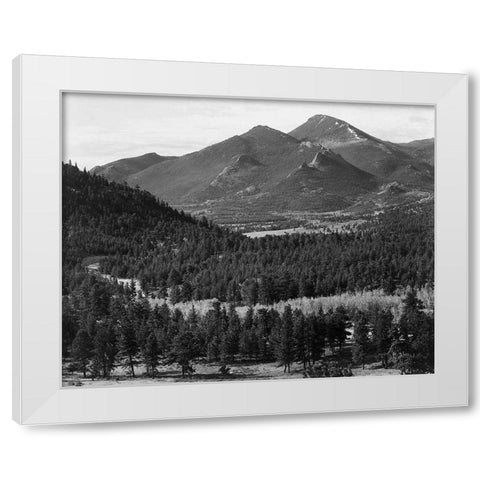View with trees in foreground, barren mountains in background,  in Rocky Mountain National Park, Col White Modern Wood Framed Art Print by Adams, Ansel