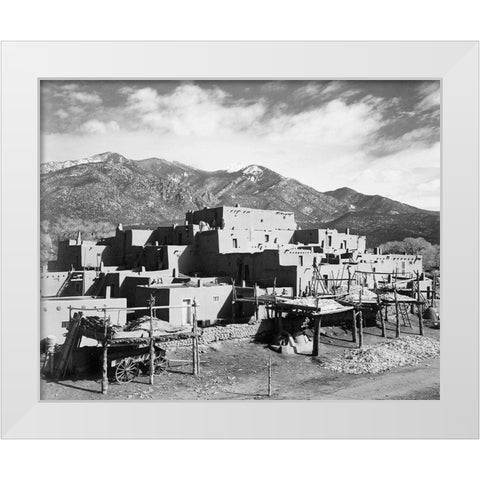 Full view of city, mountains in background, Taos Pueblo National Historic Landmark, New Mexico, 1941 White Modern Wood Framed Art Print by Adams, Ansel