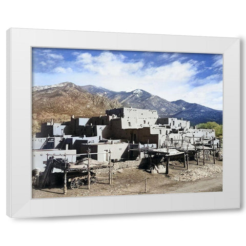 Full view of city-mountains in background-Taos Pueblo National Historic Landmark Color White Modern Wood Framed Art Print by Adams, Ansel
