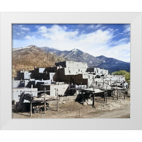 Full view of city-mountains in background-Taos Pueblo National Historic Landmark Color White Modern Wood Framed Art Print by Adams, Ansel