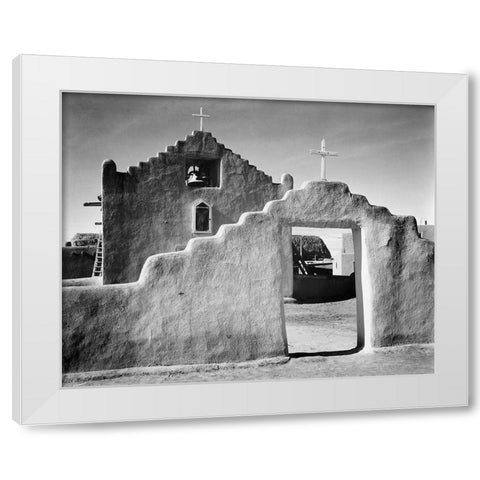 Full side view of entrance with gate to the right, Church, Taos Pueblo National Historic Landmark, N White Modern Wood Framed Art Print by Adams, Ansel