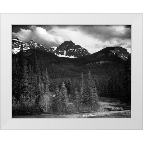 View of streamside trees and snow on mountains - Northeast Portion, Yellowstone National Park, Wyomi White Modern Wood Framed Art Print by Adams, Ansel