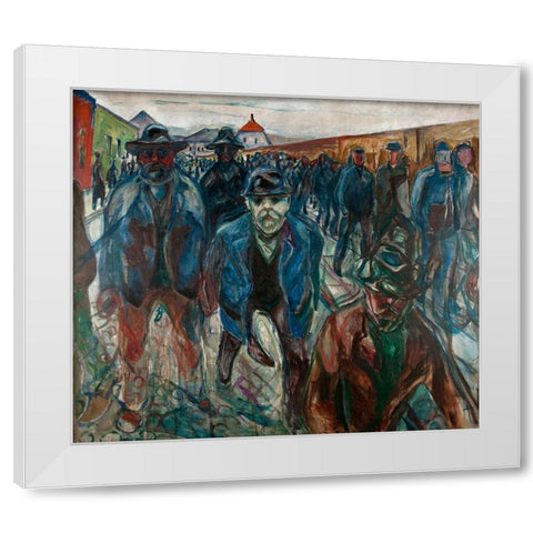 Workers on their Way Home, 1913-1914 White Modern Wood Framed Art Print by Munch, Edvard