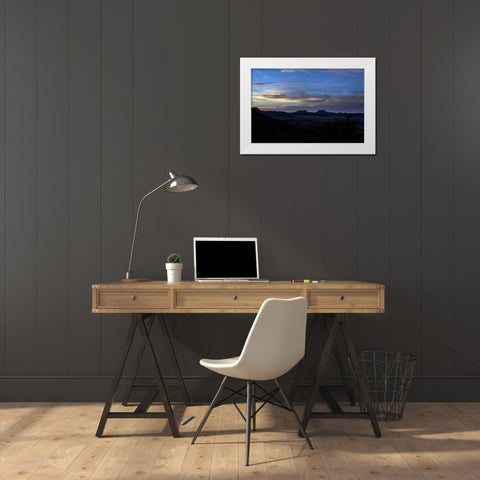 Sunset over the low mountains in the rugged terrain north of Big Bend National Park in the Trans-Pe White Modern Wood Framed Art Print by Highmith, Carol