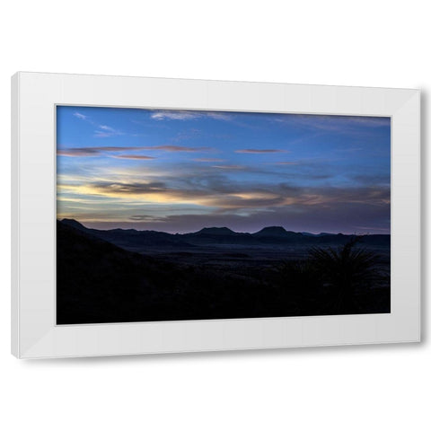 Sunset over the low mountains in the rugged terrain north of Big Bend National Park in the Trans-Pe White Modern Wood Framed Art Print by Highmith, Carol