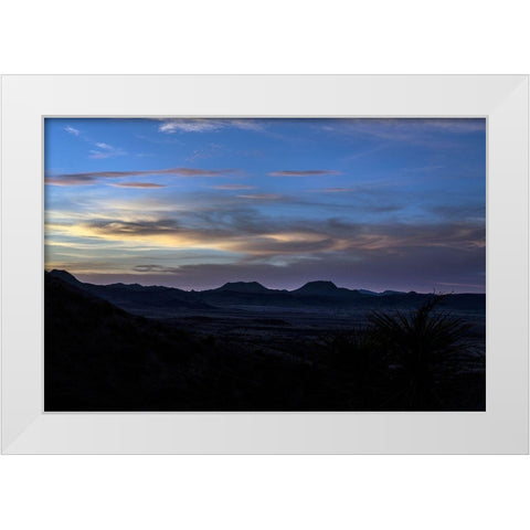 Sunset over the low mountains in the rugged terrain north of Big Bend National Park in the Trans-Pe White Modern Wood Framed Art Print by Highmith, Carol