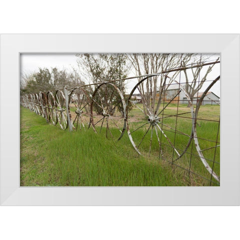 A fence made of wagon wheels near Schulenburg in Fayette County, TX White Modern Wood Framed Art Print by Highmith, Carol
