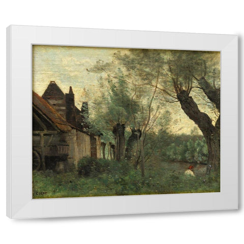 Willows and Farmhouse at Sainte-Catherine-les-Arras White Modern Wood Framed Art Print by Corot, Jean Baptiste Camille