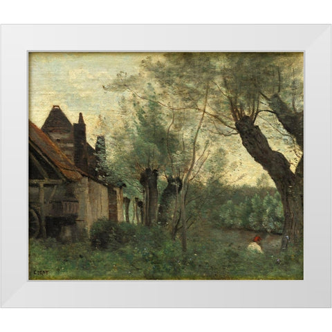 Willows and Farmhouse at Sainte-Catherine-les-Arras White Modern Wood Framed Art Print by Corot, Jean Baptiste Camille